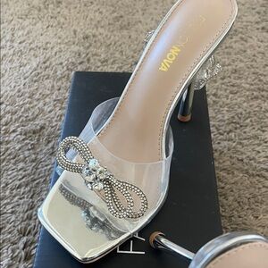 Fashion Nova Silver and Clear Embellished Heels